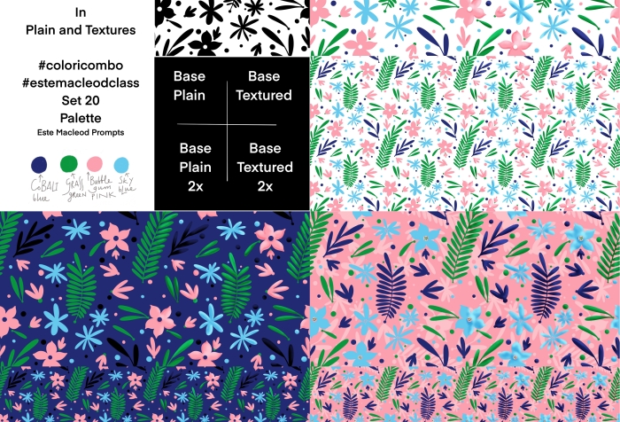Patterns in leafy design in limited pink, green,light and dark blue palette in three different versions