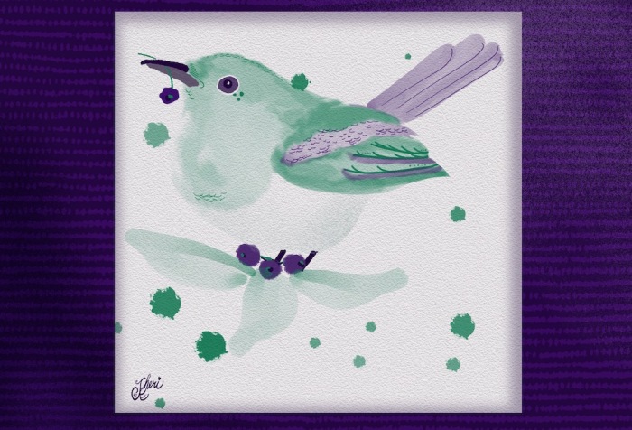 green and purple songbird with purple berry in beak